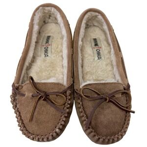 Minnetonka Cally Womens Cinnamon Suede Faux Fur Moccasin Slippers 4011 Sz 7M